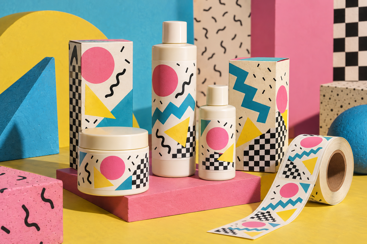 Illustrative packaging with geometric pink, cyan and yellow label designs